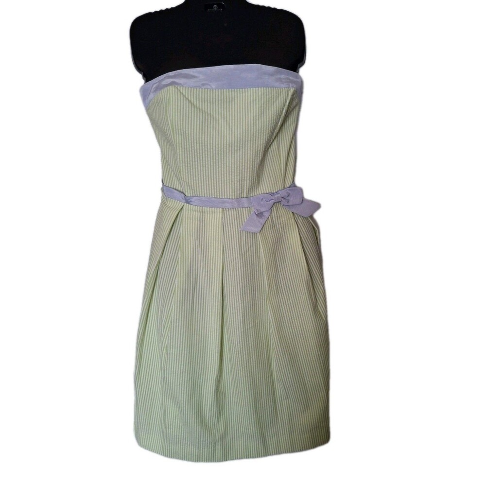 Talbots Striped Seersucker Strapless Sundress Size 8 Green White Striped Bow